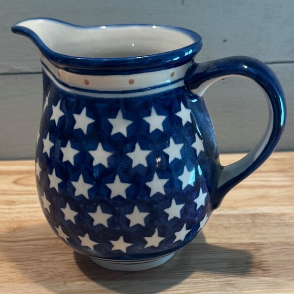 Boleslawiec Polish Pottery Pitcher Jug Blue w/ White Stars Handmade 5” Tall - Picture 1 of 6